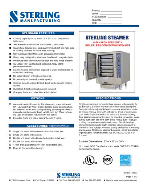 Sterling Steamer Electric Spec Sheet
